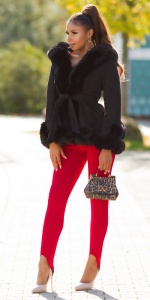 Colanți damă cu ștrampi sub călcâi, talie înaltă, push-up, elastici – Casual & Elegant – Cappuccino / Roșu