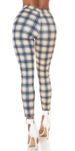 Pantaloni damă cu talie înaltă, model carouri albastru-bej, croială mulată, stil casual-elegant - Img 10