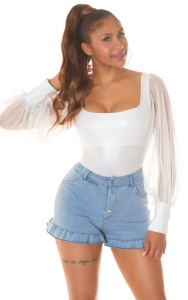 Pantaloni scurți damă din denim, talie înaltă, cu volănaș la tiv – Blue Jeans - Img 9