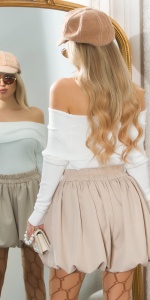 Pantaloni scurți tip balon cu talie elastică – casual chic, damă, bej / negru, eleganți și feminini - Img 8