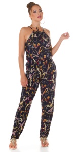 Salopetă damă elegantă cu imprimeu lanțuri, croi lejer, talie elastică, bleumarin - Img 9