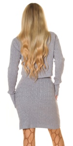 Set tricotat damă 2 piese – cardigan crop cu nasturi și fustă midi, model torsade - Img 5