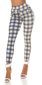 Pantaloni damă cu talie înaltă, model carouri albastru-bej, croială mulată, stil casual-elegant - Img 7