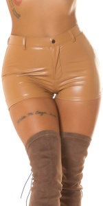 Pantaloni scurți damă lucioși din piele ecologică, talie medie, culoare cappuccino, croială mulată - Img 9