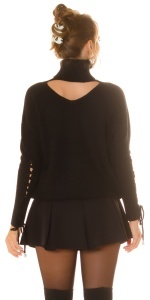 Pulover damă negru elegant cu guler tip choker și decupaj, detalii cu perle, croi lejer - Img 8