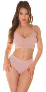 Set lenjerie intimă damă Nude Pink – Bustieră cu bretele subțiri și chilot tanga, material elastic, confort premium - Img 2