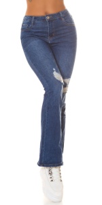 Blugi damă bootcut cu talie medie, albastru denim, cu efect prespălat și rupturi decorative - Img 6