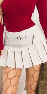 Fustă mini plisată bej pentru damă – cu talie înaltă și curea decorativă, stil urban chic - Img 1