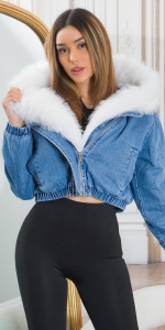 Geacă scurtă din denim albastru cu blană albă artificială – model modern, cu glugă, stil fashion urban - Img 2
