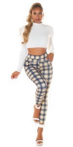 Pantaloni damă cu talie înaltă, model carouri albastru-bej, croială mulată, stil casual-elegant - Img 4
