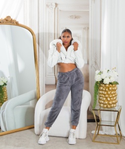 Pantaloni damă jogger plușați gri, talie elastică, lejeri și confortabili