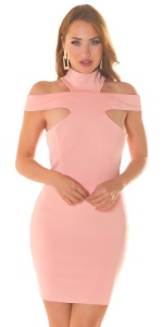 Rochie Bodycon Scurtă cu Umeri Decupați și Guler Înalt, Mulată pe Corp, Elegantă, Roz Pudră / Bej - Img 6