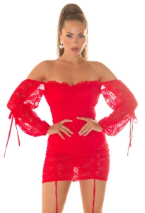 Rochie scurtă din dantelă cu mâneci bufante și umeri goi – Alb / Negru / Roșu – Elegantă și sexy - Img 6