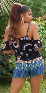 Salopetă damă scurtă de vară, lejeră, cu imprimeu boho, umeri goi și volane - Img 9