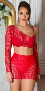 Set sexy damă tip plasă 2 piese – top asimetric și fustă mini transparentă pentru club & party