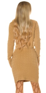 Set tricotat damă 2 piese – cardigan crop cu nasturi și fustă midi, model torsade - Img 9