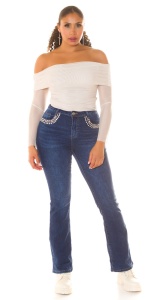 Blugi damă albastru închis cu pietre strass decorative – talie medie, croială bootcut - Img 10