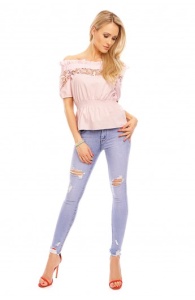 Bluză tip bardot cu inserții din dantelă și talie elastică - Img 12