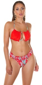 Costum de baie damă 2 piese, sutien bandeau fronsat cu decupaj și slip brazilian cu volănașe, imprimeu tropical