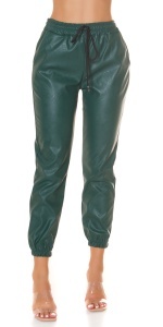 Pantaloni damă tip jogger din piele ecologică verde, talie elastică cu șnur, croială modernă - Img 10