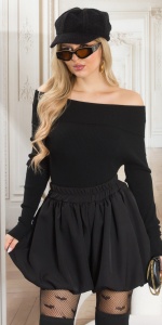 Pantaloni scurți tip balon cu talie elastică – casual chic, damă, bej / negru, eleganți și feminini - Img 1