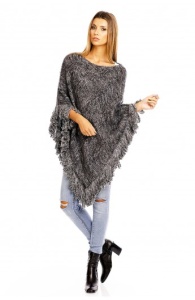 Poncho tricotat cu guler si franjuri - Img 3