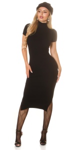 Rochie Neagră Elegantă Mullet Tip Creion cu Mâneci Scurte și Guler Înalt – Casual & Office - Img 5