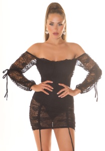 Rochie scurtă din dantelă cu mâneci bufante și umeri goi – Alb / Negru / Roșu – Elegantă și sexy - Img 7