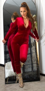 Salopetă damă din catifea elastică cu fermoar, mulată, elegantă