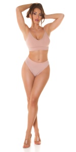 Set lenjerie intimă damă Nude Pink – Bustieră cu bretele subțiri și chilot tanga, material elastic, confort premium - Img 6