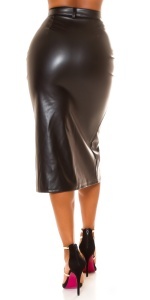 Fustă Midi Tip Creion din Piele Ecologică Neagră cu Talie Înaltă și Slit Frontal – Elegantă și Sexy - Img 5