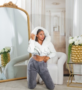 Pantaloni damă jogger plușați gri, talie elastică, lejeri și confortabili - Img 5