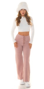 Pantaloni damă roz tricotati tip lounge, croială wide leg, talie elastică cu șnur – stil casual - Img 3