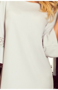 Rochie Gri deschis, Scurta Trapezoidala cu Maneci Usor Evazate - Img 6