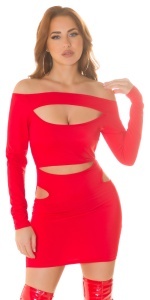 Rochie Mini Roșie Mulată cu Decupaje și Umeri Goi – Rochie Sexy de Club, Mâneci Lungi - Img 8