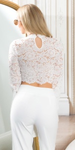 Top damă elegant din dantelă cu mânecă lungă, croi scurt, model transparent - Img 8