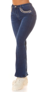 Blugi damă albastru închis cu pietre strass decorative – talie medie, croială bootcut - Img 4