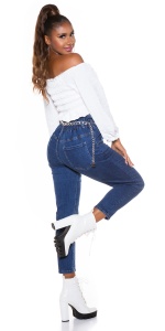Blugi damă talie înaltă cu elastic și lanț decorativ – Croi conic, Bleumarin - Img 11