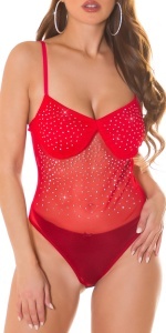 Body dama sexy transparent cu strasuri, plasa fina, cupe buretate, rosu/negru – model elegant club & party - Img 4