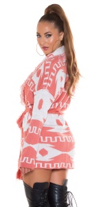 Cardigan damă tricotat cu cordon, model geometric, culoare corai-alb, croială tip halat - Img 3