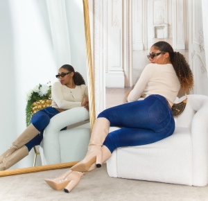 Colanți damă tip blugi, cu talie înaltă, model push-up, material elastic, bleumarin - Img 7