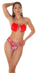 Costum de baie damă 2 piese, sutien bandeau fronsat cu decupaj și slip brazilian cu volănașe, imprimeu tropical - Img 5
