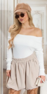 Pantaloni scurți tip balon cu talie elastică – casual chic, damă, bej / negru, eleganți și feminini - Img 4