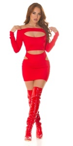 Rochie Mini Roșie Mulată cu Decupaje și Umeri Goi – Rochie Sexy de Club, Mâneci Lungi - Img 5
