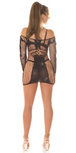 Rochie mini sexy tip plasă cu mâneci lungi și strasuri strălucitoare – neagră - Img 3