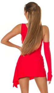 Rochie scurtă damă asimetrică cu un umăr și șnur reglabil, model mulat sexy – Alb/Roșu - Img 4