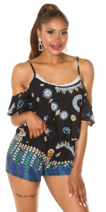 Salopetă damă scurtă de vară, lejeră, cu imprimeu boho, umeri goi și volane - Img 10