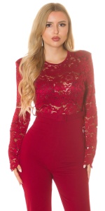 Salopetă Elegantă Bordo din Dantelă cu Spate Decupat și Pantalon Evazat - Img 6
