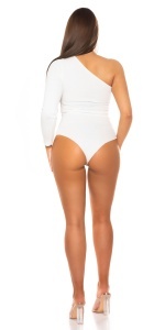 Body dama elegant alb, pe un umăr, cu decupaj frontal, material elastic modelator, sexy & modern - Img 9
