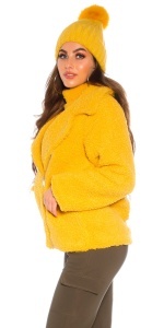 Căciulă damă galbenă tricotată cu pompon puf – Fes călduros de iarnă, stil casual - Img 4